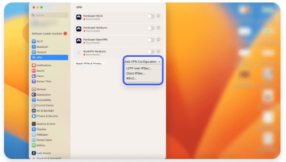 Přidat konfiguraci VPN v macOS